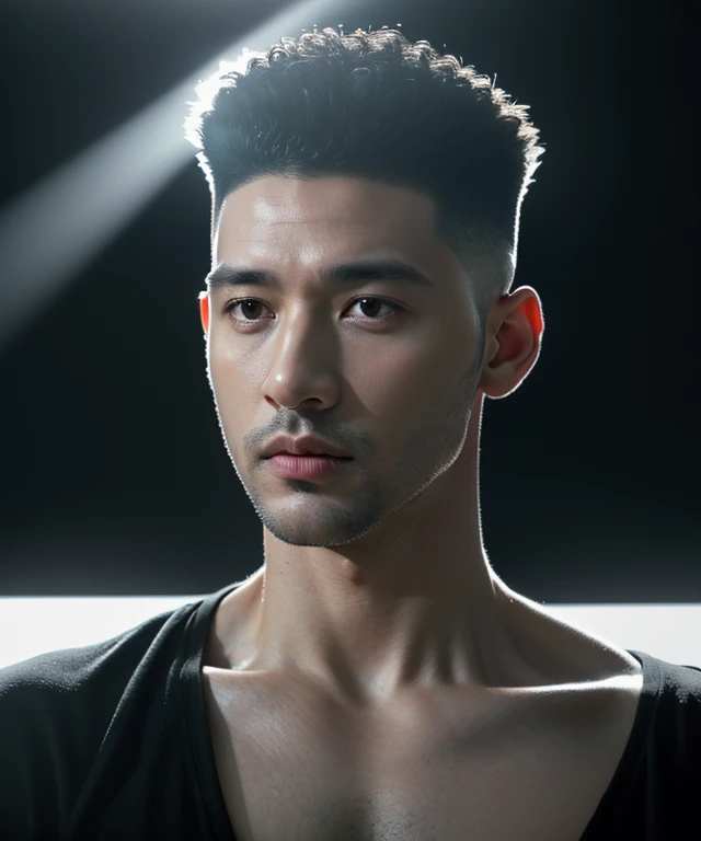 (8k, RAW Photos, highest quality,High resolution, masterpiece: 1.2). (Realistic, Realistic: 1.37),((Light on face:1.2)),((Cinema Lighting:1.2)),(Photorealism:1.4),(Real Image),(Photographic images),40 years old,(male:1.3), (High Top Fade:1.4), Dark Theme, Calm tone, Calm colors, High Contrast, (Natural skin texture, Hyperrealism, Soft Light, sharp),(Black suit)