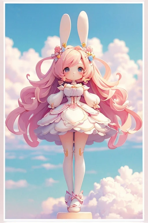 Bunny Morphing Girl, fluffy, soft ((highest quality)), ( Extremely detailed, Best details, Official Art, Beauty and aesthetics: 1.2), Depth of written border, composition, whole body, (a bit), (Beautiful and detailed: 1.3), (wonderful:1), Colorful clouds blurred background,1girl,