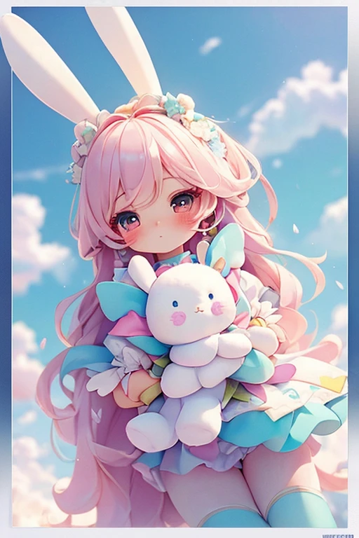 Bunny Morphing Girl, fluffy, soft ((highest quality)), ( Extremely detailed, Best details, Official Art, Beauty and aesthetics: 1.2), Depth of written border, composition, whole body, (a bit), (Beautiful and detailed: 1.3), (wonderful:1), Colorful clouds blurred background,1girl,
