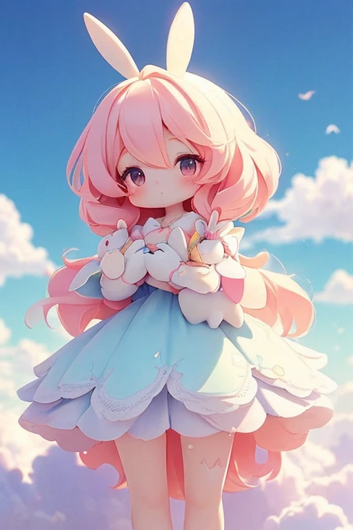 Bunny Morphing Girl, fluffy, soft ((highest quality)), ( Extremely detailed, Best details, Official Art, Beauty and aesthetics: 1.2), Depth of written border, composition, whole body, (a bit), (Beautiful and detailed: 1.3), (wonderful:1), Colorful clouds blurred background,1girl,