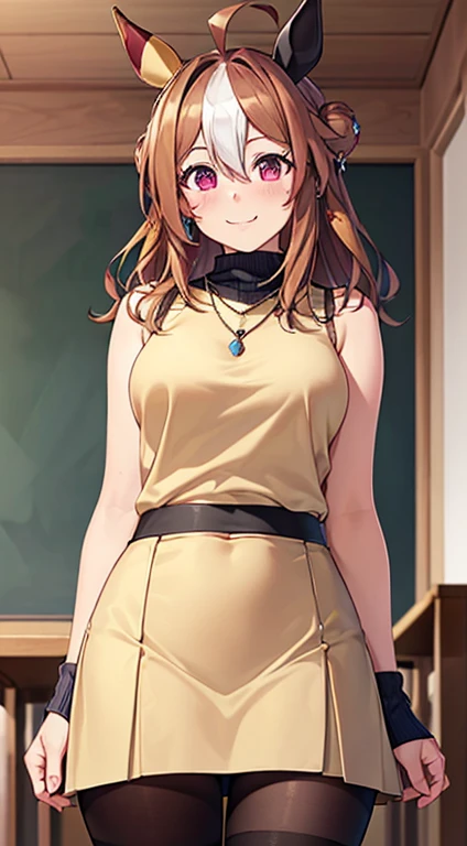 (table top, highest quality, High resolution, , perfect pixel, 4k,), 1 girl, single, alone, Beautiful woman、I could see the whole body、copano rickey \(umamusume\), ((detailed face, blush:1.2)), ((smooth texture:0.75, realistic texture:0.65, realistic:1.1, Anime CG style)), medium breasts, dynamic angle, perfect body, ((, female teacher, , earrings、necklace、Beige sleeveless turtleneck sweater、Tight Skirt、black knee high stockings、、shy smile)), upper grade、、、evening、、Bring your arms together to emphasize your chest、hold the necklace between your chest、(、()、angle from below)、