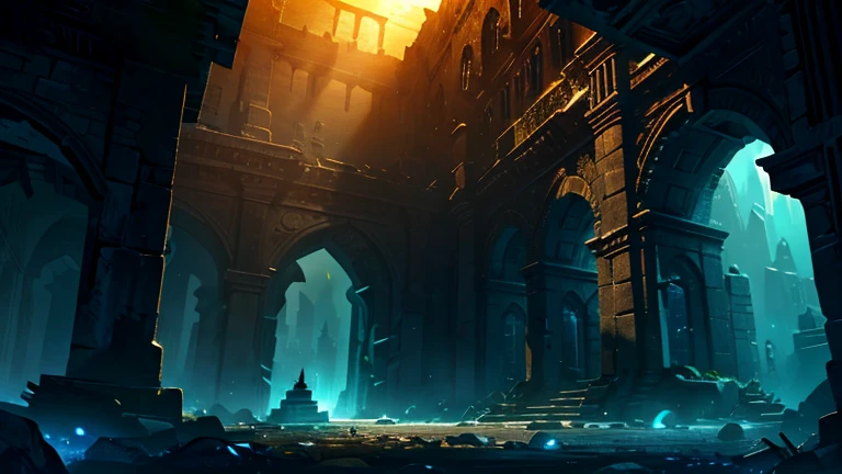 dark upper light fantasy landscape stone building abandoned building buildings altar orange light decay end of the world