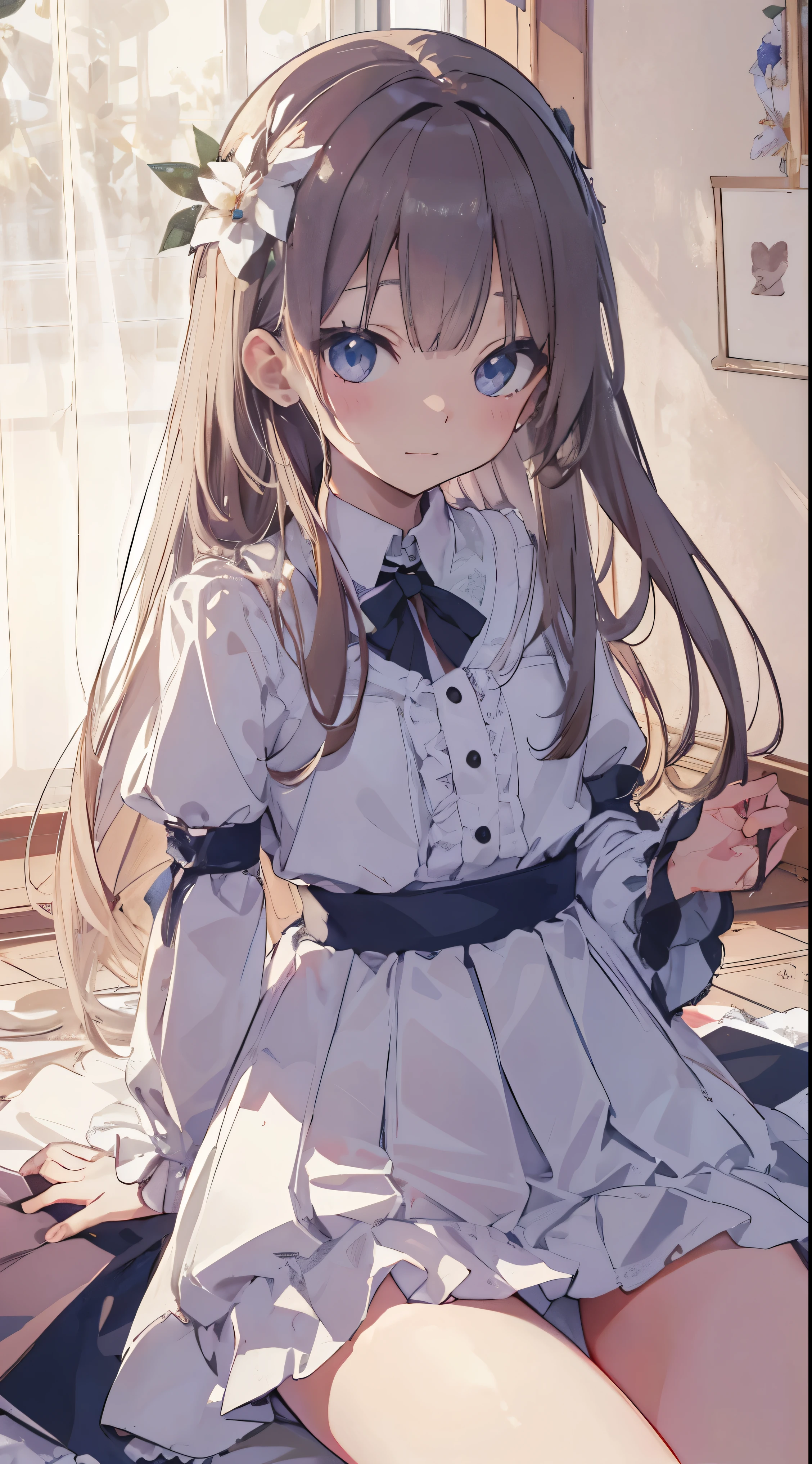 Masterpiece、Highest quality、highest quality、(((Lori)))、 ((((Petite))))、Shiny hair quality、Small face、Sitting、Super detailed, beautiful, wide eyes、Ultra-detailed, clear and beautiful faces、(cute illustration:1.2), High-resolution, ultra-detailed, best quality, embarrassed、Cute white underwear、Thighs