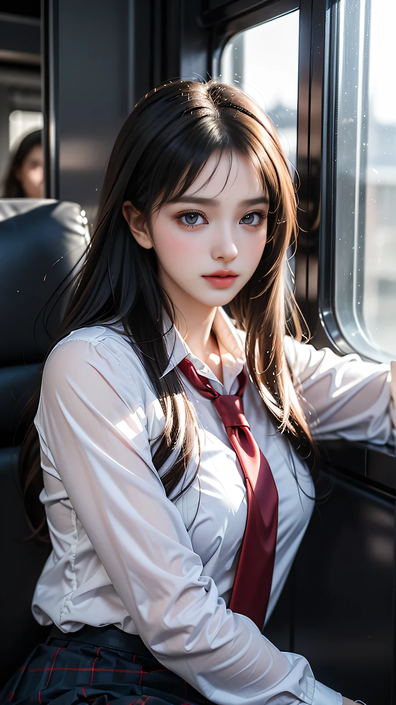 Best quality work,Actual work,Ultra Premium Graphics,8K HD CG works,High quality graphics,High-definition CG works,10x pixels,Extremely fine detail:1.1,Advanced Technical Details:1.1 Photorealistic,Indoor lighting effects:1.5,Natural light:1.5. Light effects(virtual Light effects:1.8),(short chestnut hair)、(Bob Hair),Clear Eyes,Beautiful double eyelids,Sharp eye makeup, Delicate eyelash makeup, Thin eyebrows, Highly detailed eyes,High nose, Nice red lips, Rose Cheeks, A face with subtle makeup , Cute face, perfectly balanced face,(Advanced Face Detail:1.1),(Girl sitting on train seat)、Best quality work,Actual work,Ultra Premium Graphics,8K HD CG works,High quality graphics,High-definition CG works,10x pixels,Extremely fine detail:1.1,Advanced Technical Details:1.1 Photorealistic,Indoor lighting effects:1.5,Natural light:1.5. Light effects(virtual Light effects:1.8), Thin eyebrows,High nose, Nice red lips, Rose Cheeks, A face with subtle makeup , Cute face, perfectly balanced face,(girl in school uniform),A light-toned foundation enhances the clarity of your skin.,((High school girl on the train door)),(White blouse)、(Red tie)、(Dark blue checked skirt) 40k, photograph, ((Wear glasses, )). White skin, highest quality, Tabletop, Ultra-high resolution, (Realistic:1.4), RAWphotograph, (Perfect figure), (slim:1.3), Slim abdomen, Perfect slim figure, Dynamic Pose, alone, Cold light 12000K, Highly detailed facial and skin texture, Fine grain, Realistic eyes, Beautiful fine grain, (Realistic Skin), Charm, 超A high resolution, Surreal、