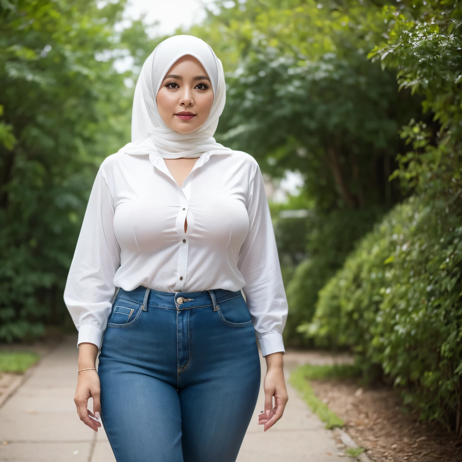 54 Years Old, Hijab Beautiful Indonesian Mature woman, White Porcelain skin, Droopiest Giganticest Largest  : 16.9, Curvy body, ((wearing Tight Unbuttoned Blazzer)), Full body shot, Professional Photoshot, Professional High Lightning, At Daytime, Light Colour, 7560P, Canon EOS 250D, 128K UHDR Best Quallity Photo.