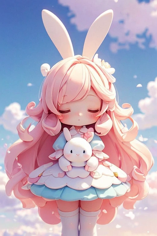 Bunny Morphing Girl, fluffy, soft ((highest quality)), ( Extremely detailed, Best details, Official Art, Beauty and aesthetics: 1.2), Depth of written border, composition, whole body, (a bit), (Beautiful and detailed: 1.3), (wonderful:1), Colorful clouds blurred background,1girl,