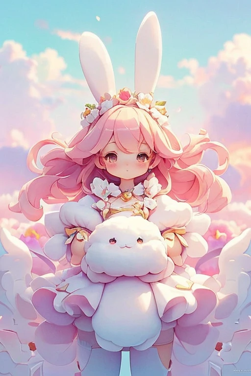 Bunny Morphing Girl, fluffy, soft ((highest quality)), ( Extremely detailed, Best details, Official Art, Beauty and aesthetics: 1.2), Depth of written border, composition, whole body, (a bit), (Beautiful and detailed: 1.3), (wonderful:1), Colorful clouds blurred background,1girl,