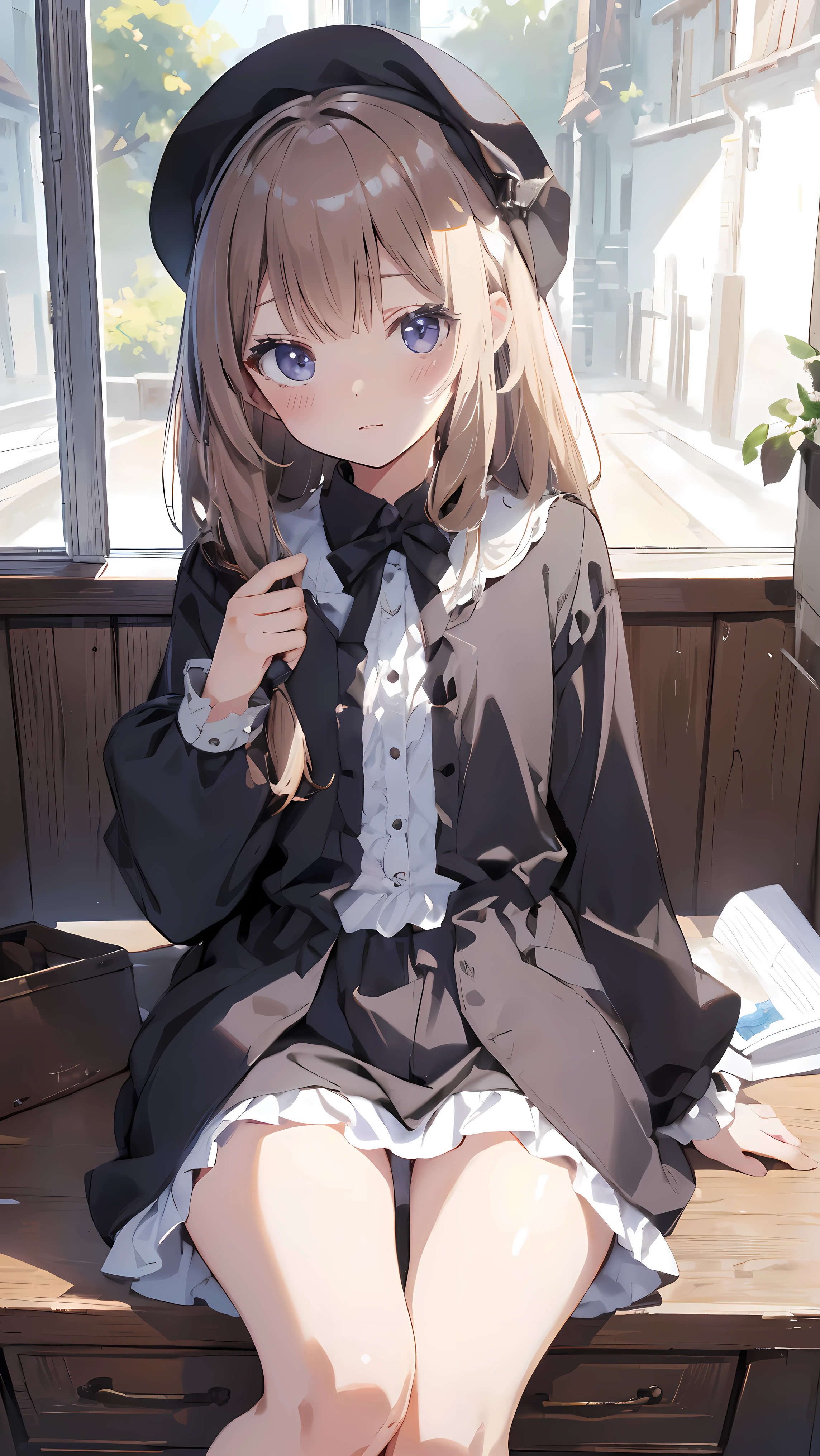 Masterpiece、Highest quality、highest quality、(((Lori)))、 ((((Petite))))、Shiny hair quality、Small face、Sitting、Super detailed, beautiful, wide eyes、Ultra-detailed, clear and beautiful faces、(cute illustration:1.2), High-resolution, ultra-detailed, best quality, embarrassed 、Cute white underwear、Thighs