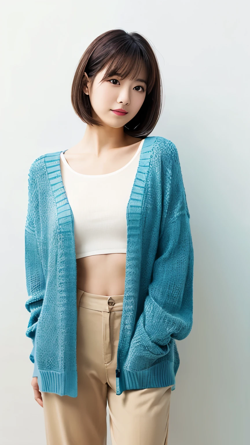 ((masutepiece,top-quality)), (photographrealistic:1.4),((masutepiece,8K)),hight resolution,Studio Soft Light, Rim Lights, vibrant detail, realistic skin textures,Japanese, 1 beautiful woman, Short hair, Wave hair, faint thin bangs, make - up, 38 years, Detailed skin, cardigan, wide-leg pants, White background, White Room,white walls, fully body photo,