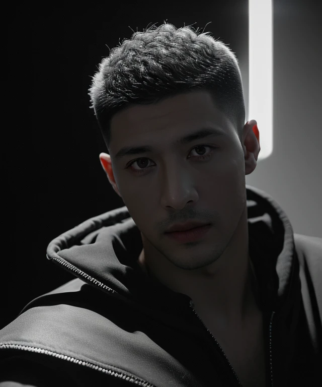 (8k, RAW Photos, highest quality,High resolution, masterpiece: 1.2). (Realistic, Realistic: 1.37),((Light on face:1.2)),((Cinema Lighting:1.2)),(Photorealism:1.4),(Real Image),(Photographic images),40 years old,(male:1.3), (High Top Fade:1.4), Dark Theme, Calm tone, Calm colors, High Contrast, (Natural skin texture, Hyperrealism, Soft Light, sharp),(Black suit)