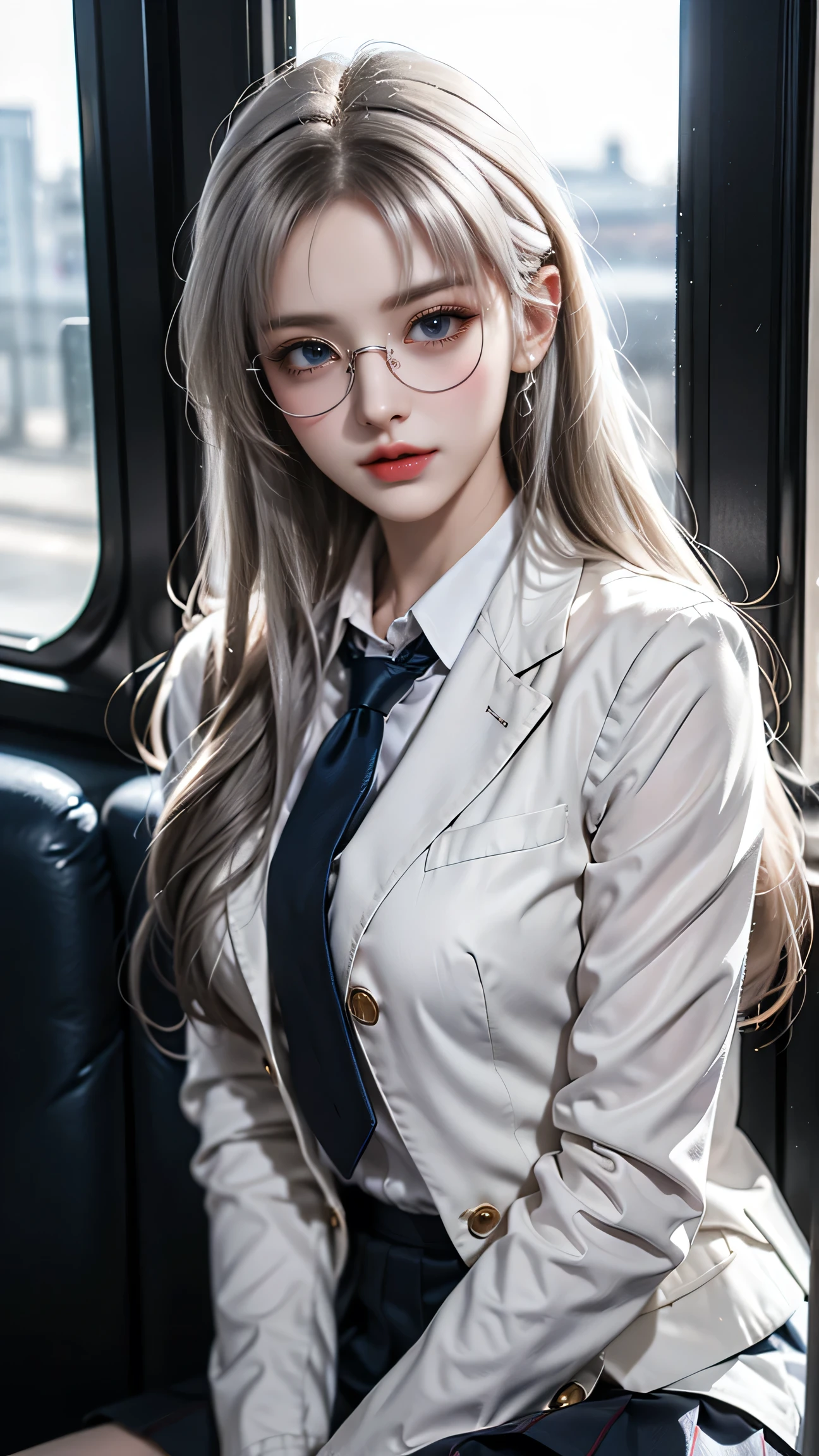 Best quality work,Actual work,Ultra Premium Graphics,8K HD CG works,High quality graphics,High-definition CG works,10x pixels,Extremely fine detail:1.1,Advanced Technical Details:1.1 Photorealistic,Indoor lighting effects:1.5,Natural light:1.5. Light effects(virtual Light effects:1.8),Long silver hair,Clear Eyes,Beautiful double eyelids,Sharp eye makeup, Delicate eyelash makeup, Thin eyebrows, Highly detailed eyes,High nose, Nice red lips, Rose Cheeks, A face with subtle makeup , Cute face, perfectly balanced face,(Advanced Face Detail:1.1),(Girl sitting on train seat)、Best quality work,Actual work,Ultra Premium Graphics,8K HD CG works,High quality graphics,High-definition CG works,10x pixels,Extremely fine detail:1.1,Advanced Technical Details:1.1 Photorealistic,Indoor lighting effects:1.5,Natural light:1.5. Light effects(virtual Light effects:1.8),Long silver hair((Eyes closed)), Thin eyebrows,High nose, Nice red lips, Rose Cheeks, A face with subtle makeup , Cute face, perfectly balanced face,(girl in school uniform),A light-toned foundation enhances the clarity of your skin.,((High school girl on the train door))、((White blazer)),(White blouse)、(Red tie)、(Dark blue checked skirt) 40k, photograph, ((Wear glasses, )). White skin, highest quality, Tabletop, Ultra-high resolution, (Realistic:1.4), RAWphotograph, (Perfect figure), (slim:1.3), Slim abdomen, Perfect slim figure, Dynamic Pose, alone, Cold light 12000K, Highly detailed facial and skin texture, Fine grain, Realistic eyes, Beautiful fine grain, (Realistic Skin), Charm, 超A high resolution, Surreal、