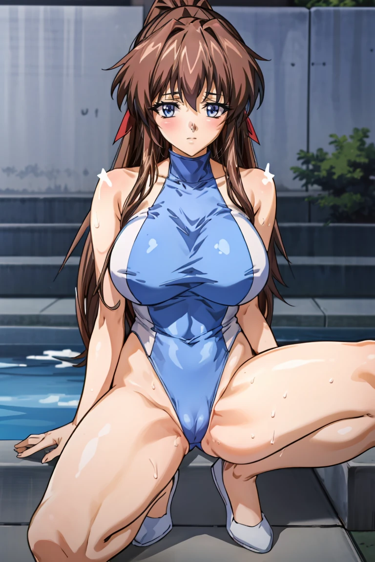 masterpiece, highest quality, Put your hands in your panties, Kitagawa Marin, Cover your groin,, masterpiece, highest quality, Very detailed、High leg leotard、Spread your legs、、squat、(Sweat all over the body)、Poolside