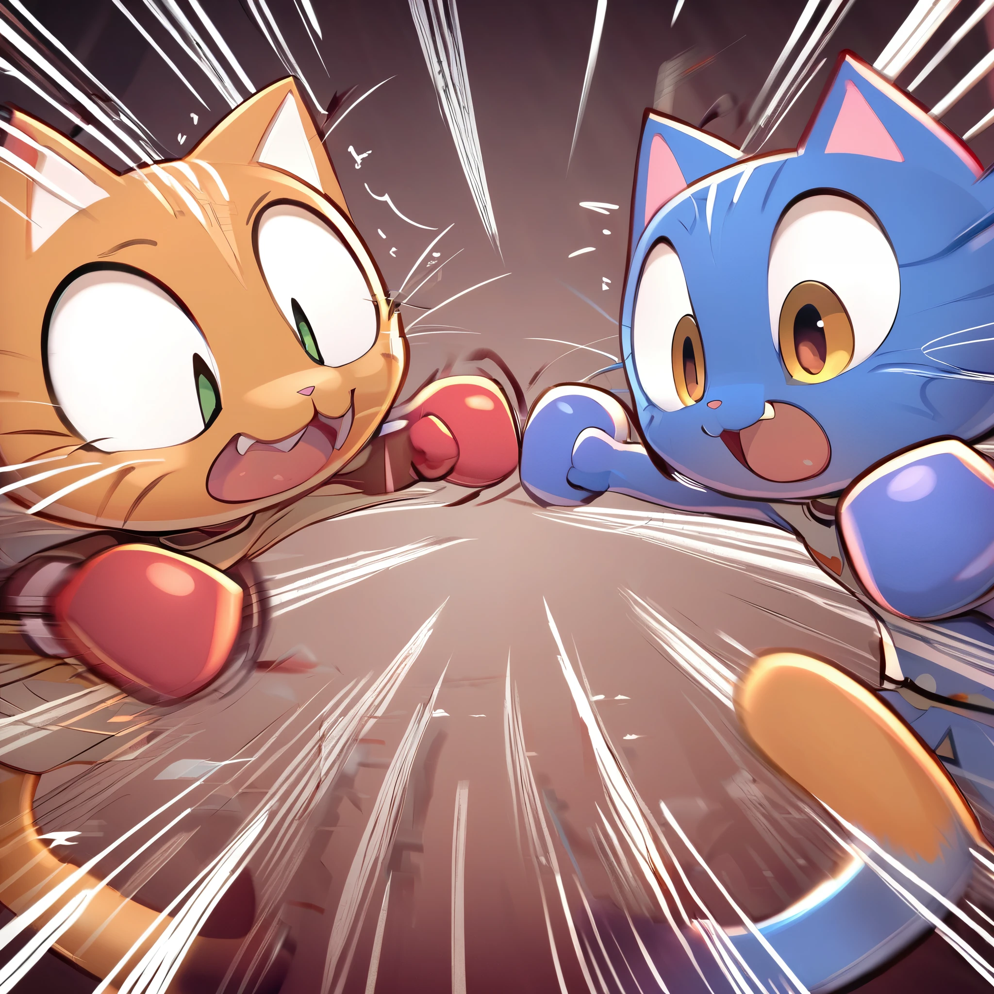 super deformed, furry, funny, masterpiece, cute cat boxing match, cat punch, cute, (motion-blur, action-lines, speed-lines:0.5)