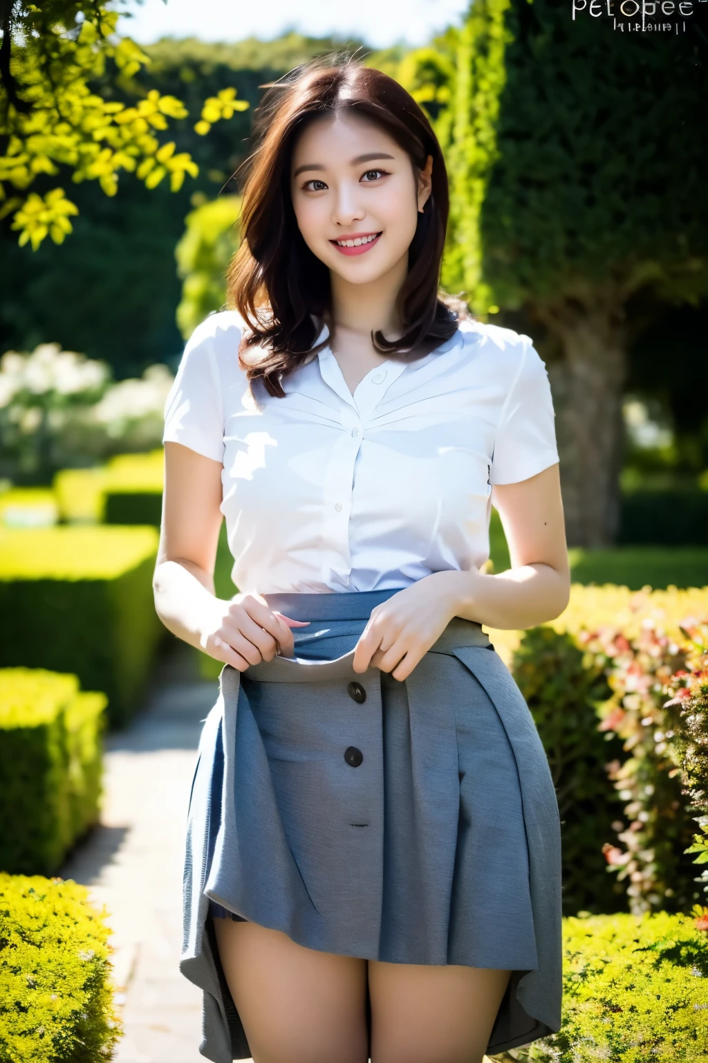ulzzang-6500-v1.1, (RAW Photos:1.2), (Photorealistic), (Genuine:1.4), (Mastepiece), masterpiece, highest quality, Absurd, Perfect ???????, One girl, alone, Pascal Tales, short hair, beautiful, Hilarious, sunny day, botanical garden, Summer winds, Sundress, Floral, Straight Hair, smile, (skirt lift:1.5),