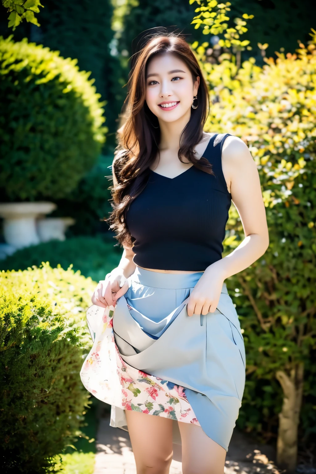 ulzzang-6500-v1.1, (RAW Photos:1.2), (Photorealistic), (Genuine:1.4), (Mastepiece), masterpiece, highest quality, Absurd, Perfect Anatomy, One girl, alone, Pascal Tales, short hair, beautiful, Hilarious, sunny day, botanical garden, Summer winds, Sundress, Floral, Straight Hair, smile, (skirt lift:1.5),