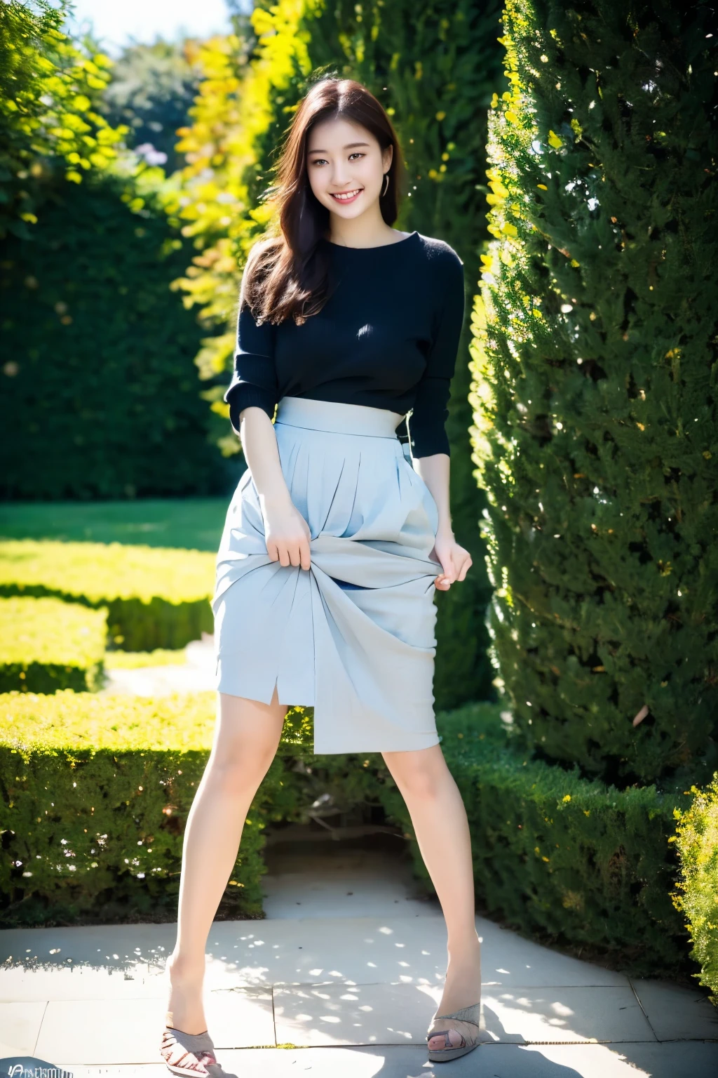 ulzzang-6500-v1.1, (RAW Photos:1.2), (Photorealistic), (Genuine:1.4), (Mastepiece), masterpiece, highest quality, Absurd, Perfect Anatomy, One girl, alone, Pascal Tales, short hair, beautiful, Hilarious, sunny day, botanical garden, Summer winds, Sundress, Floral, Straight Hair, smile, (skirt lift:1.5),