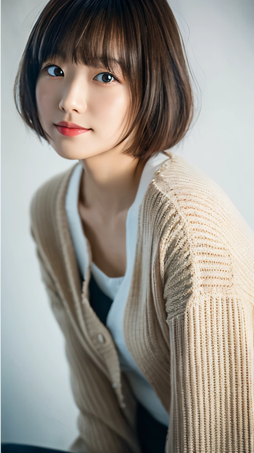 ((masutepiece,top-quality)), (photographrealistic:1.4),((masutepiece,8K)),hight resolution,Studio Soft Light, Rim Lights, vibrant detail, realistic skin textures,Japanese, 1 beautiful woman, Short hair, Wave hair, faint thin bangs, make - up, 38 years, Detailed skin, cardigan, wide-leg pants, White background, White Room,white walls, fully body photo,