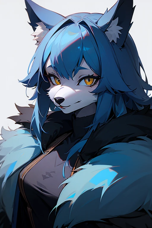 One girl, Blue fur, Wolf Girl, Medium chest, , Portraiture, Simple Background, (Furry:1.5)