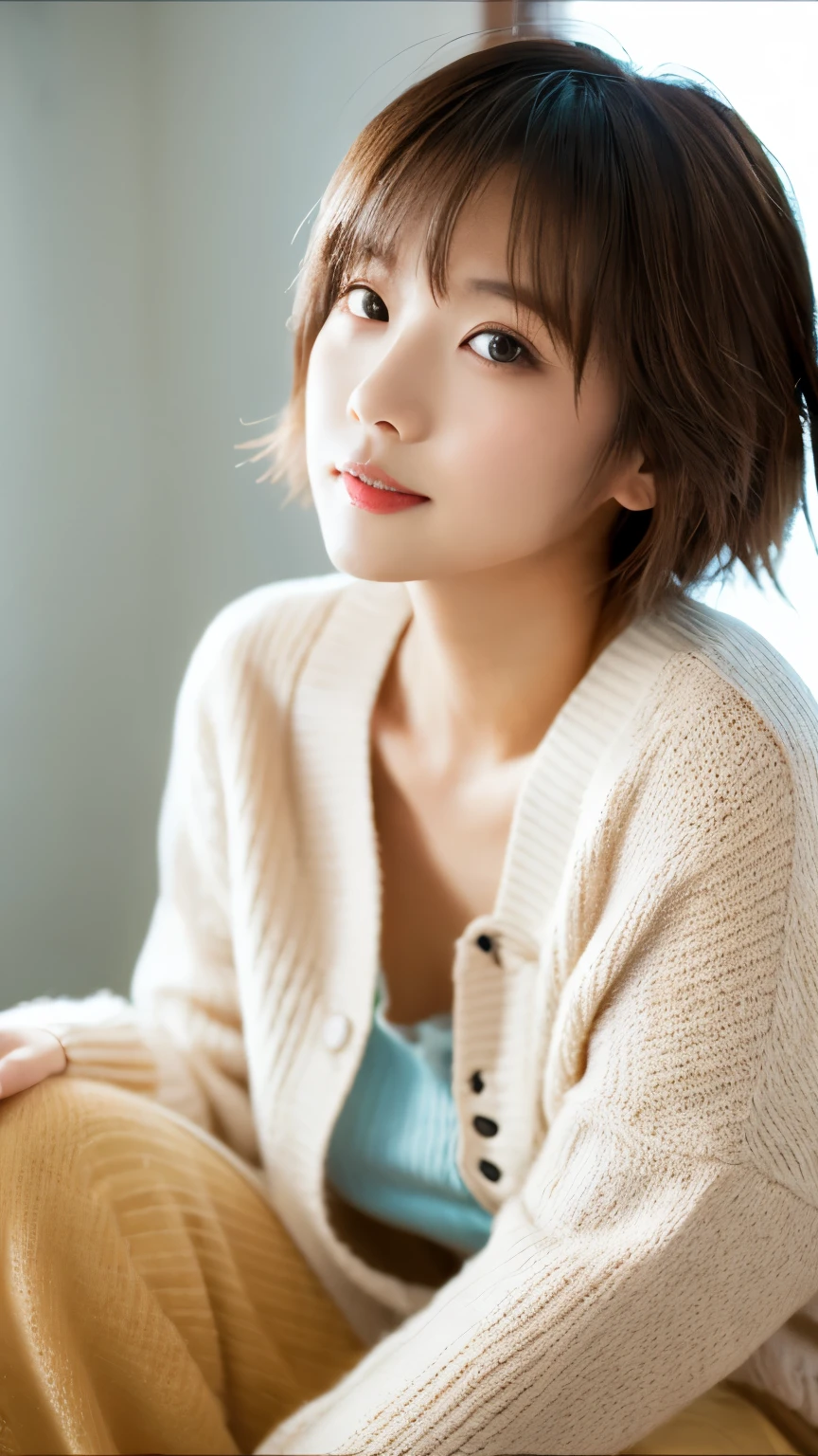 ((masutepiece,top-quality)), (photographrealistic:1.4),((masutepiece,8K)),hight resolution,Studio Soft Light, Rim Lights, vibrant detail, realistic skin textures,Japanese, 1 beautiful woman, Short hair, Wave hair, faint thin bangs, make - up, 38 years, Detailed skin, cardigan, wide-leg pants, White background, White Room,white walls, fully body photo,