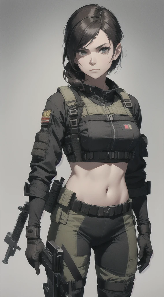 a woman in a black outfit holding a rifle and wearing headphones, 38-year-old woman, soldier girl, mechanized soldier girl, military girl, beautiful female soldier, female lead character, infantry girl, of a sniper girl in war, solo female character, future combat gear, close up half body shot, Women in crop top military bulletproof vest, showing navel, quiet from metal gear solid v, wearing tactical gear, dressed in tactical armor