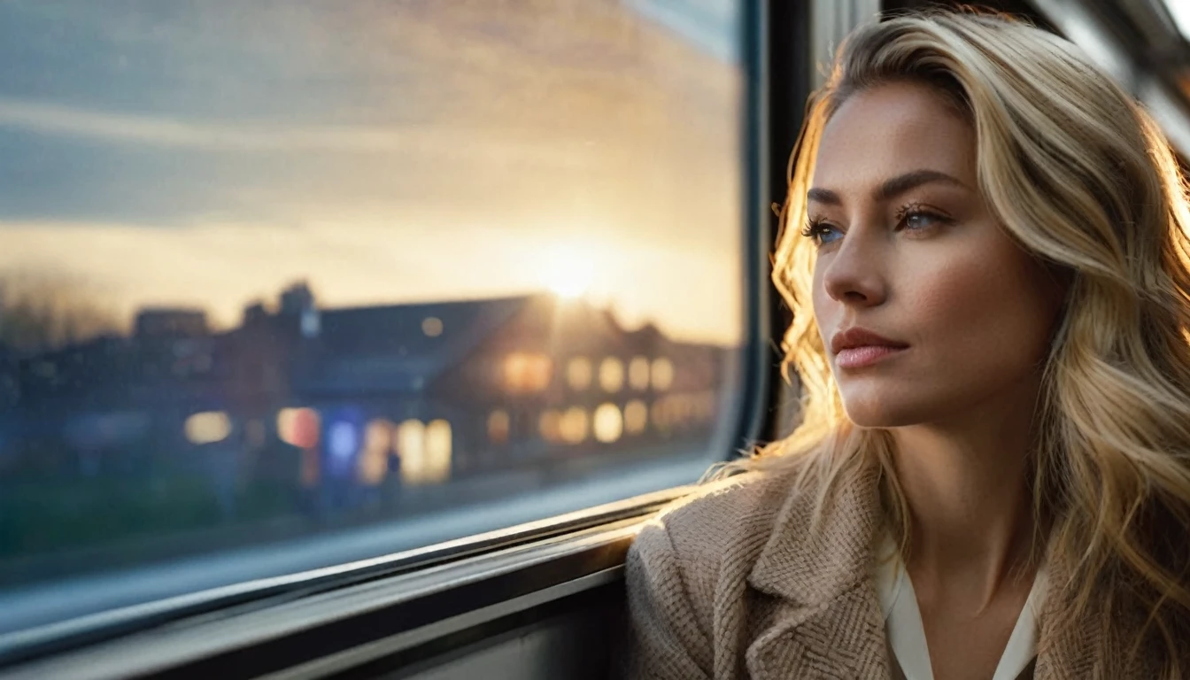 side view, ((half body )) portrait photo of a beautiful 35 years old european woman sitting on a train looking out the window can see the night lights of the houses and reflections on the train's window. The train is travelling through in a megacity at night. She has (long wavy blonde hair blown in the wind), wearing beige colored coat with white blouse, Award - winning photograph, Masterpiece, 8k, ultra high res, hyper detailed, beautiful woman, perfect face, rule of thirds, highly detailed hair, ((detailed face)), ((detailed facial features)), (finely detailed skin), pale skin, intricate details, amazing fine detail, photorealistic, photograph, photorealism, rich colors, lifelike texture, neutral colors, Soft front light,cinematic lighting, dramatic lighting,dappled light on face, backlight on hair, sharp focus, wide angle, film grain, dslr, raw photo, photographed on Nikon