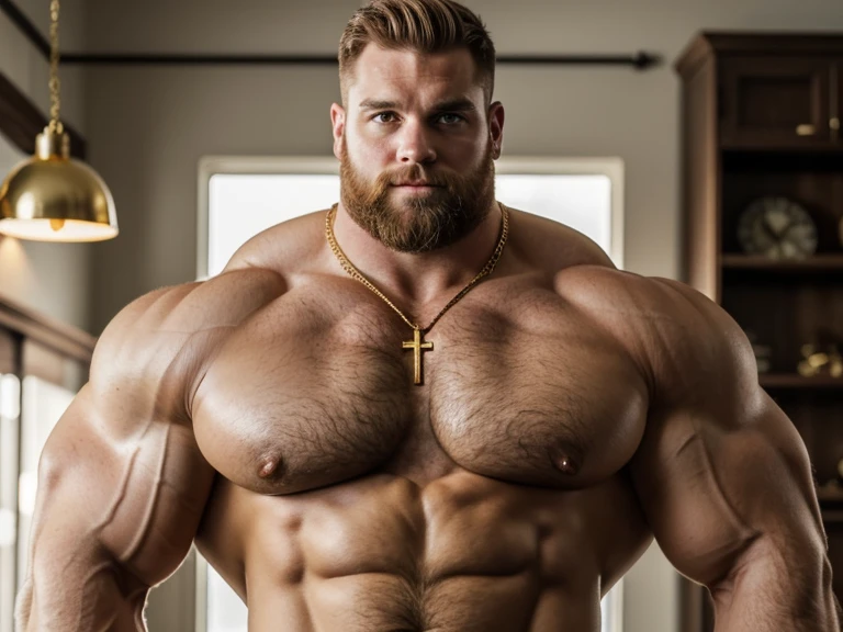 Whole body image of an Absolute gorilla of a Caucasian bodybuilder is showing off his huge bicep muscles and meaty thighs. Huge huge shoulders, he is as broad as he is tall. 30 years old. Blond, close cropped beard, powerfully muscled, massive shoulders and biceps. well-defined six pack. Exceptionally thick gold cross necklace. Big, bull cock. His two caucasian 20-year old bodybuilder sons stand behind him, wearing thick silver crosses