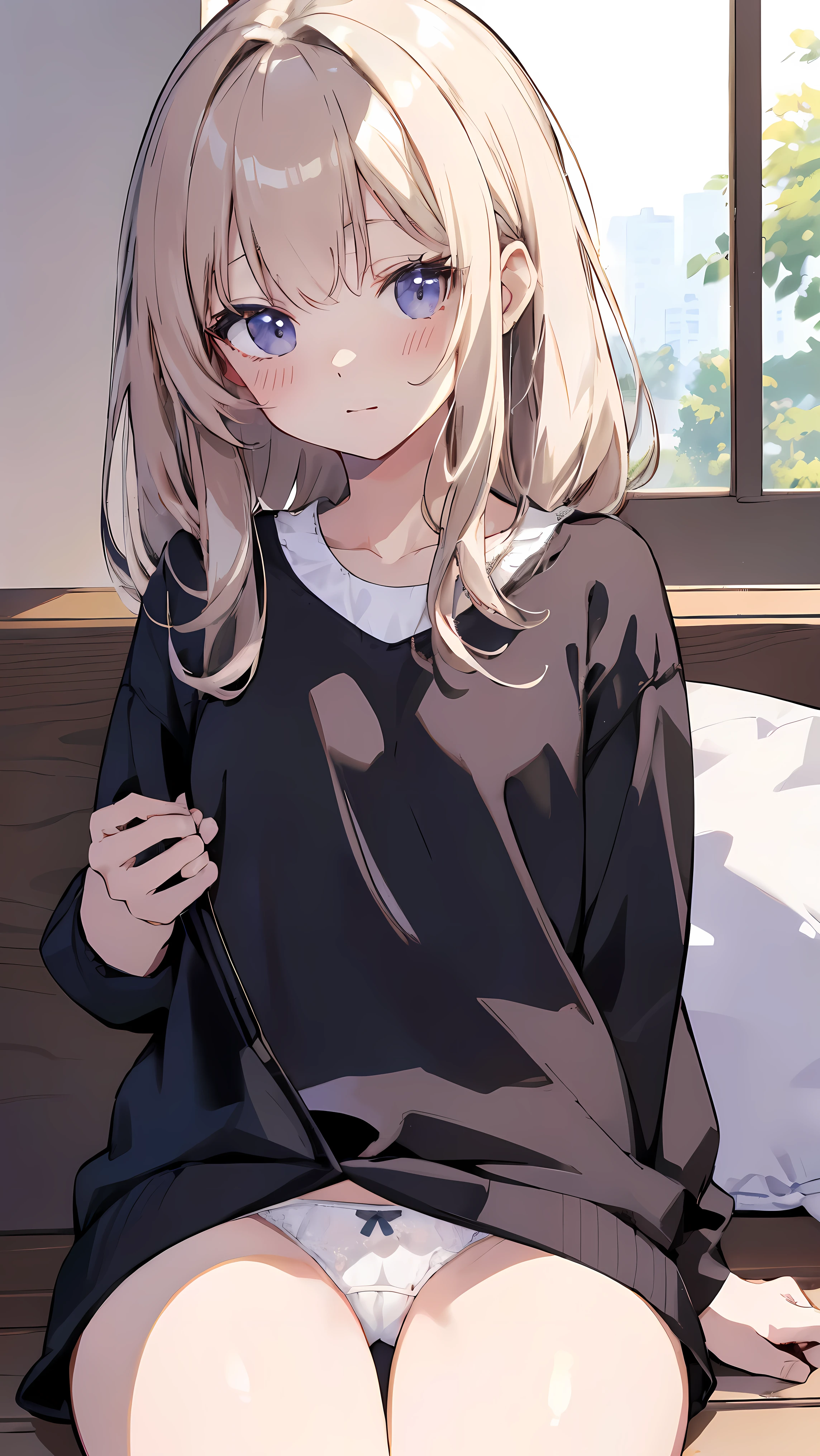 Masterpiece、Highest quality、highest quality、(((Lori)))、 ((((Petite))))、Shiny hair quality、Small face、Sitting、Super detailed, beautiful, wide eyes、Ultra-detailed, clear and beautiful faces、(cute illustration:1.2), High-resolution, ultra-detailed, best quality, embarrassed 、(((Cute white underwear)))、Thighs
