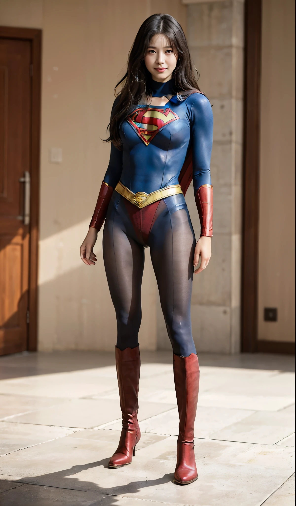 No background、(((Beautiful legs in black tights.)))、(((Legally express the beauty of your smile)))、((((Make the most of your original images)))、(((Supergirl Costume)))、(((Beautiful Hair)))、(((suffering)))、(((Please wear black tights....、Wear red boots)))、((Best image quality、8K))、((highest quality、8K、masterpiece:1.3))、(((Preserve background )))、Sharp focus:1.2、Beautiful woman with perfect figure:1.4、Thin abdominal muscles:1.2、Wet body:1.5、Highly detailed face and skin texture、8K