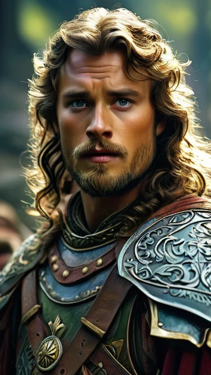 with high definition images,A scene from the movie King Arthur,A full-body portrait of a 30-year-old male character emerges within a bronze frame。Dark brown soulful eyes、Looks great on light skin tones、With an unwavering, cheerful expression。His curly brown hair、In all its glory、It frames a generous, plump complexion.。A leafy beard adorns his pronounced jawline.、It adds a masculine touch to his features.。Hall of the Dwarf King々The characters wearing costumes、He wears intricately detailed clothing adorned with splashes of vibrant color reminiscent of Arthurian legend