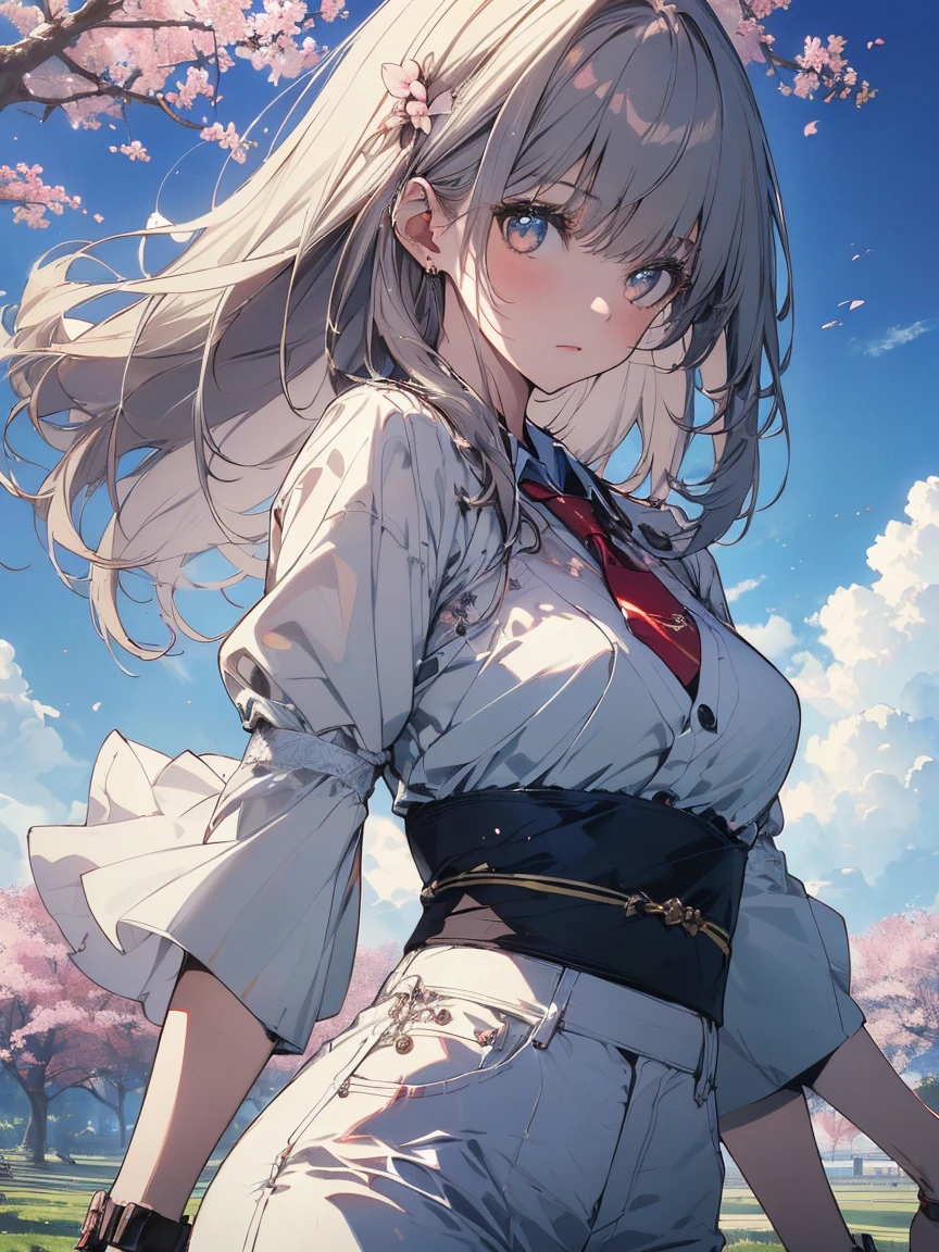 ((masterpiece、4K、8k(masterpiece, highest quality:1.6), Thighs, beautiful girl, Fantastic background, Looking at the audience, Tight waist, Official Art, RAW Photos, Unbelievably absurd, Face Light, 
Dynamic Lighting, Cinema Lighting, Surreal, High resolution, photo shoot, Sharp focus, Most detailed, Very detailed, Very detailed, finely, Very detailed目と顔,Fluttering Grass,Bright light,Cool breeze,(shade) internal [cherry blossoms],grassland,.Best image quality，Publish one&#39;chest，
美しいchest,White skin,Pointed chest,，

