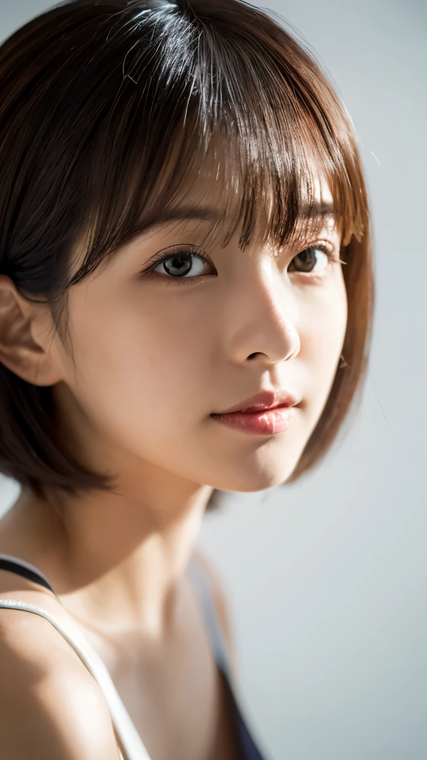 ((masutepiece,top-quality)), (photographrealistic:1.4),((masutepiece,8K)),hight resolution,Studio Soft Light, Rim Lights, vibrant detail, realistic skin textures,Japanese, 1 beautiful woman, Short hair, Wave hair, faint thin bangs, make - up, 38 years, Detailed skin, tanktop, White background, White Room,white walls, fully body photo,