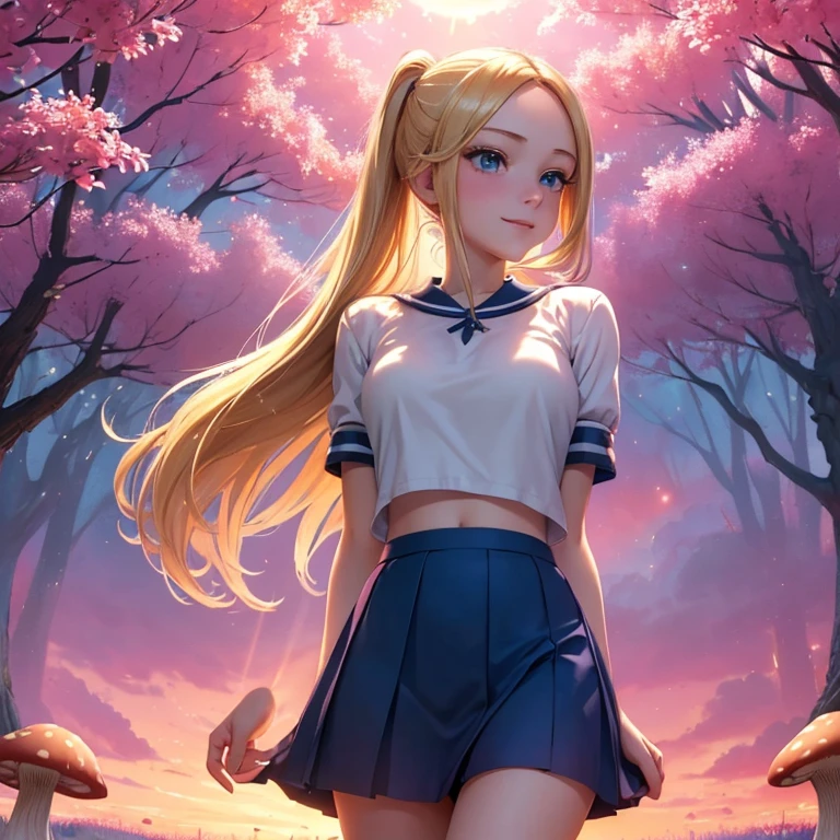 (masterpiece, best quality:1.4), (8K), Young blonde beauty, (((18 years old, neat girl))), detailed blue eyes, long eyelashes, blush, kind smile, upper body, sailor uniform top, crop top, pink skirt, small ass, slender thin legs, (looking at viewer), beautiful blonde hair, white-skinned, long hair, bangs, pigtails, (medium size breasts), (mushroom forest, celestial forest, beautiful and magnificent pink sunshine, majestic sky), colorful natural light)