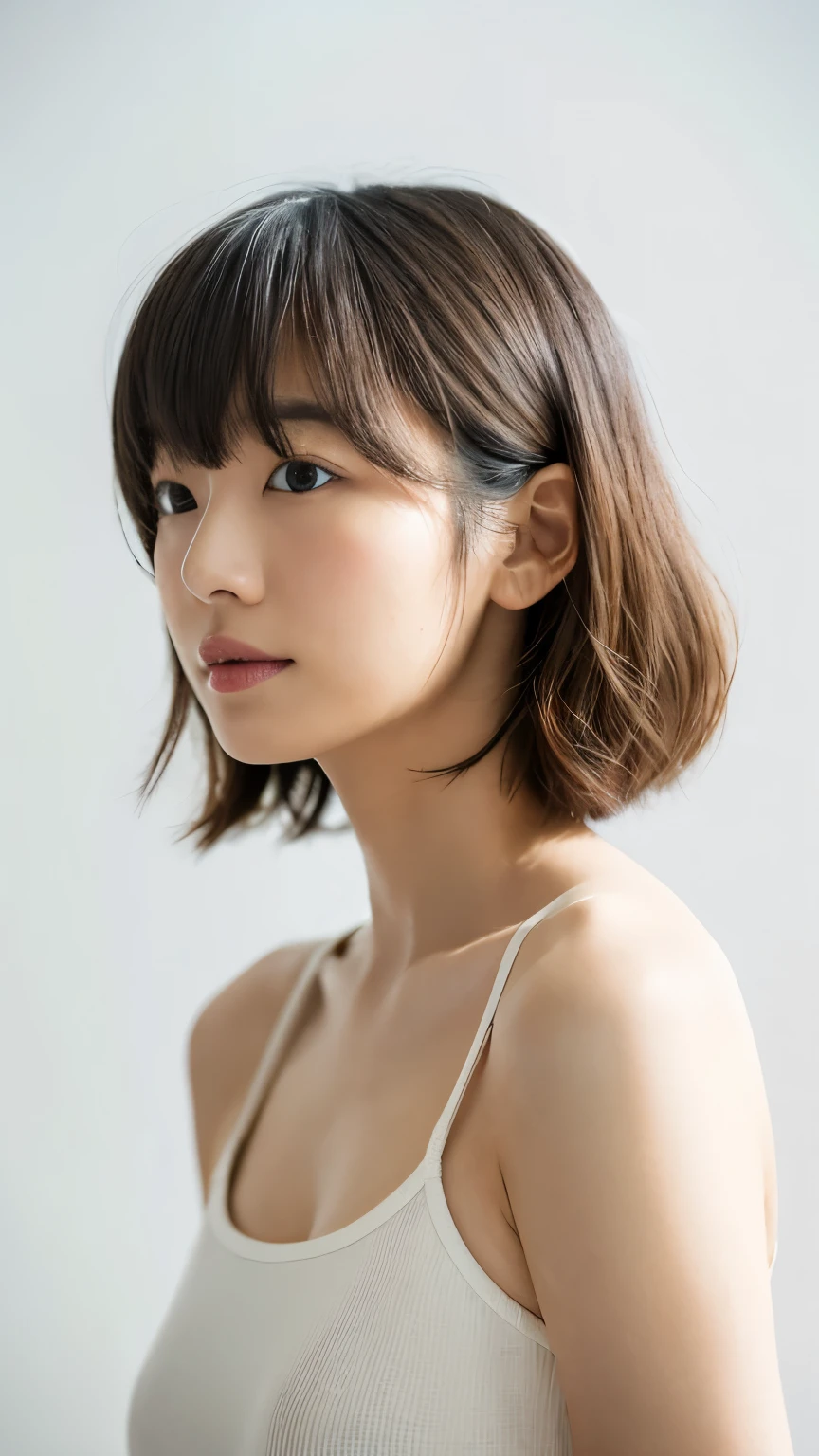 ((masutepiece,top-quality)), (photographrealistic:1.4),((masutepiece,8K)),hight resolution,Studio Soft Light, Rim Lights, vibrant detail, realistic skin textures,Japanese, 1 beautiful woman, Short hair, Wave hair, faint thin bangs, make - up, 38 years, Detailed skin, tanktop, White background, White Room,white walls, fully body photo,