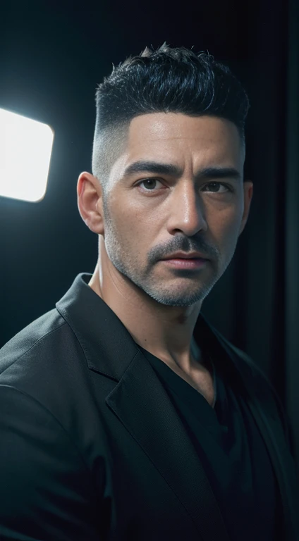 (8k, RAW Photos, highest quality,High resolution, masterpiece: 1.2). (Realistic, Realistic: 1.37),((Light on face:1.2)),((Cinema Lighting:1.2)),(Photorealism:1.4),(Real Image),(Photographic images),40 years old,(male:1.3), (High Top Fade:1.4), Dark Theme, Calm tone, Calm colors, High Contrast, (Natural skin texture, Hyperrealism, Soft Light, sharp),(Black suit)