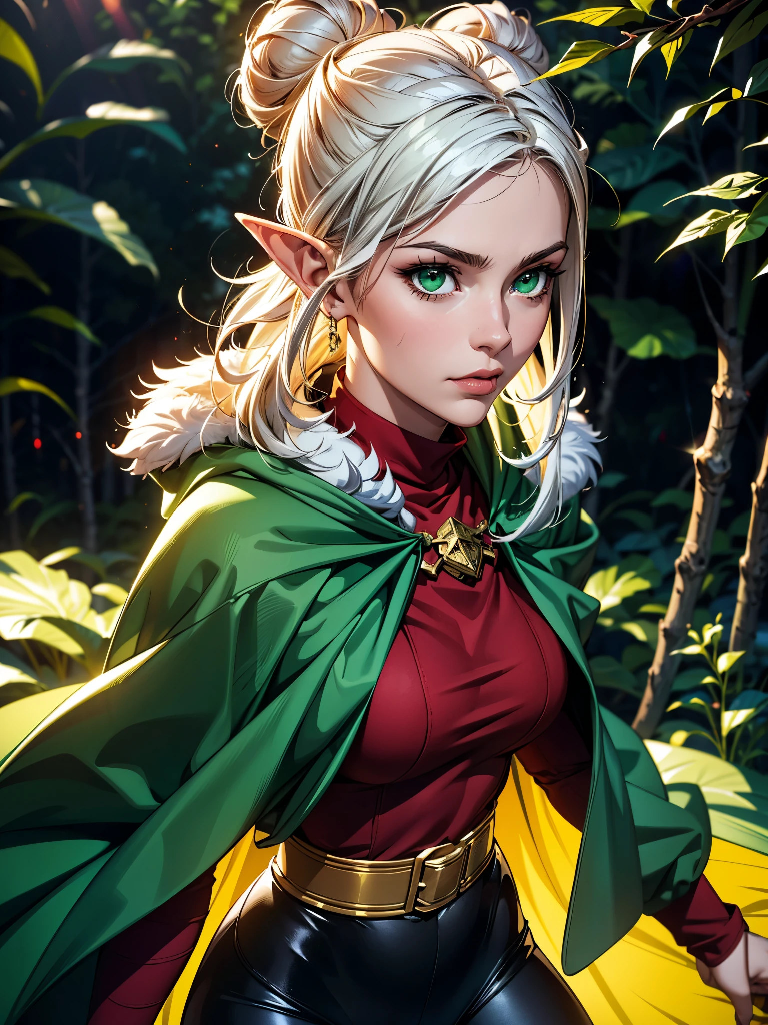 (best quality,4k,8k,highres,masterpiece:1.2),ultra-detailed,realistic:1.37,Wood elf scout woman, white hair pulled into large neat tight bun on top of head, dark green long cloak, big fur collar, black leggings, wrapped bodice, green eyes flecked with yellow, green cloth mask over nose and mouth, dark forest background, night, full length, solo
