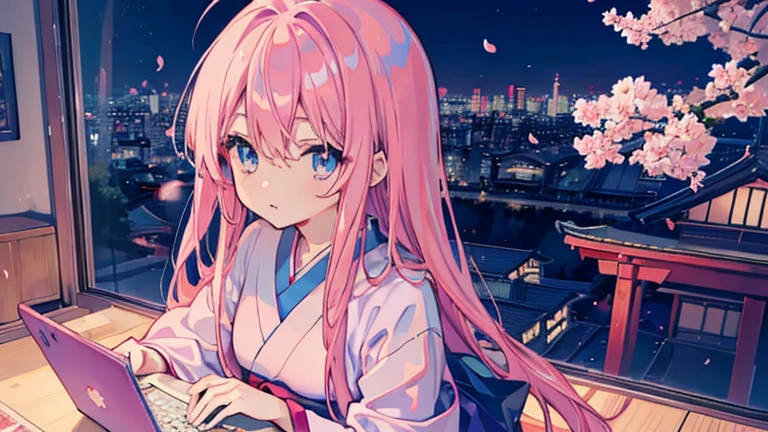 Anime images of Japan1People Girl、 blue eyes、 Pink long hair、 looking at laptop in room、 Out of the window、 Tokyo cityscape、 night view、 cherry blossoms、 Size is 16:9 please