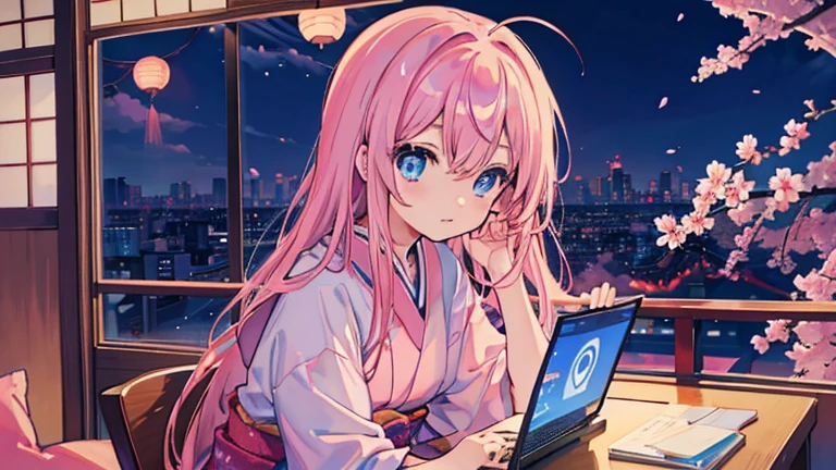 Anime images of Japan1People Girl、 blue eyes、 Pink long hair、 looking at laptop in room、 Out of the window、 Tokyo cityscape、 night view、 cherry blossoms、 Size is 16:9 please