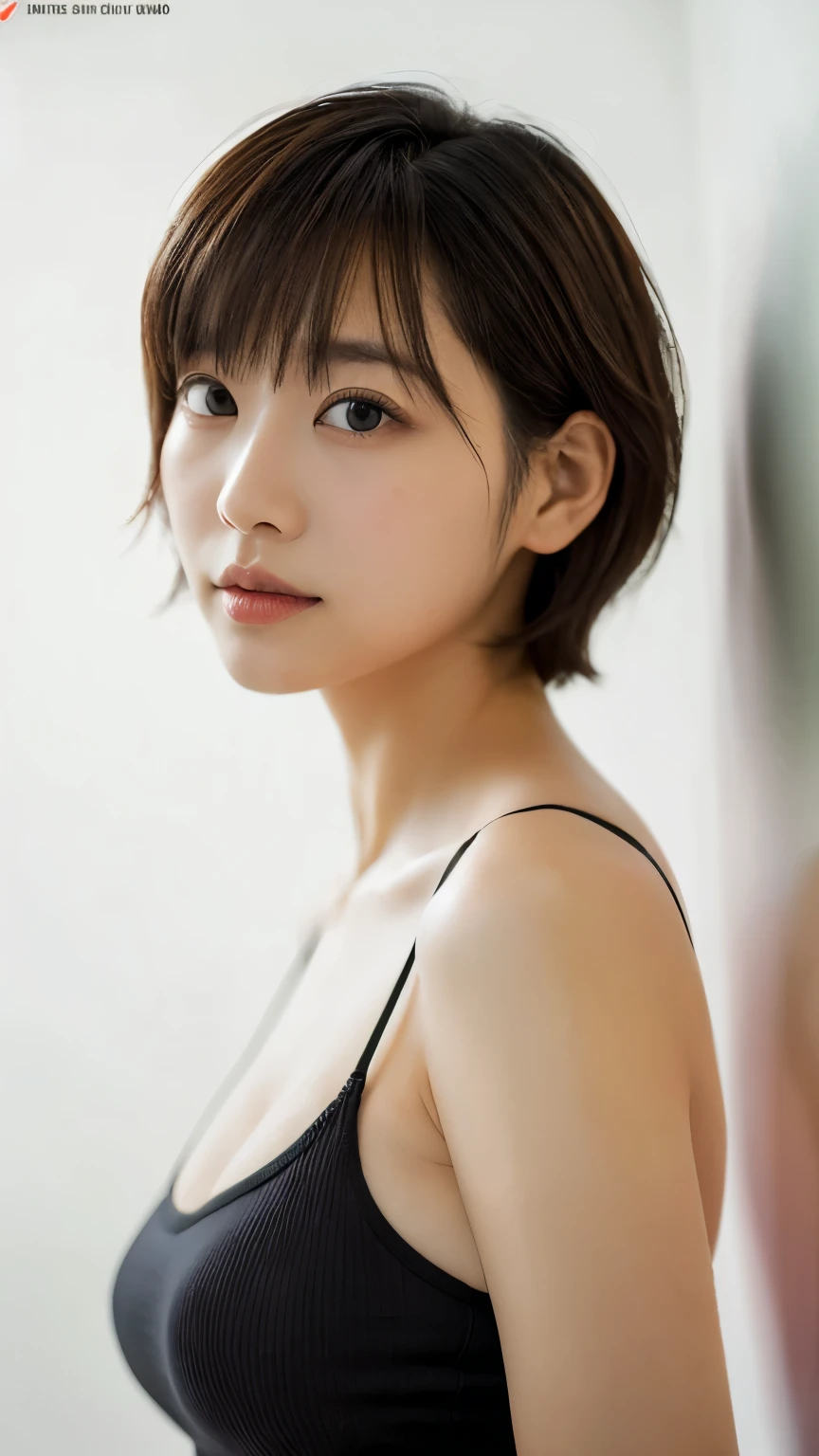 ((masutepiece,top-quality)), (photographrealistic:1.4),((masutepiece,8K)),hight resolution,Studio Soft Light, Rim Lights, vibrant detail, realistic skin textures,Japanese, 1 beautiful woman, Short hair, Wave hair, faint thin bangs, make - up, 38 years, Detailed skin, tanktop, White background, White Room,white walls, fully body photo,