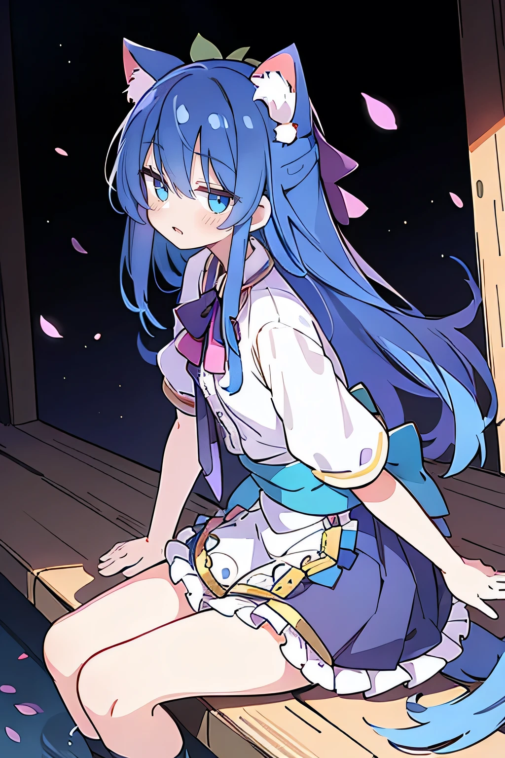 (masterpiece:1.2),ultra-detailed,realistic,expressive eyes,fair-skinned,perfectly shaped face,1girl,
Japanese cartoons,Gorgeous blue hair, flowing blue hair,floating clothes,cat ears,petals falling,beautiful Lola,Hina Angel,
hands on waist,gracefully sitting on the ground,legs crossed,gentle and serene background,cool and comfortable pavilion,shy face ,night .