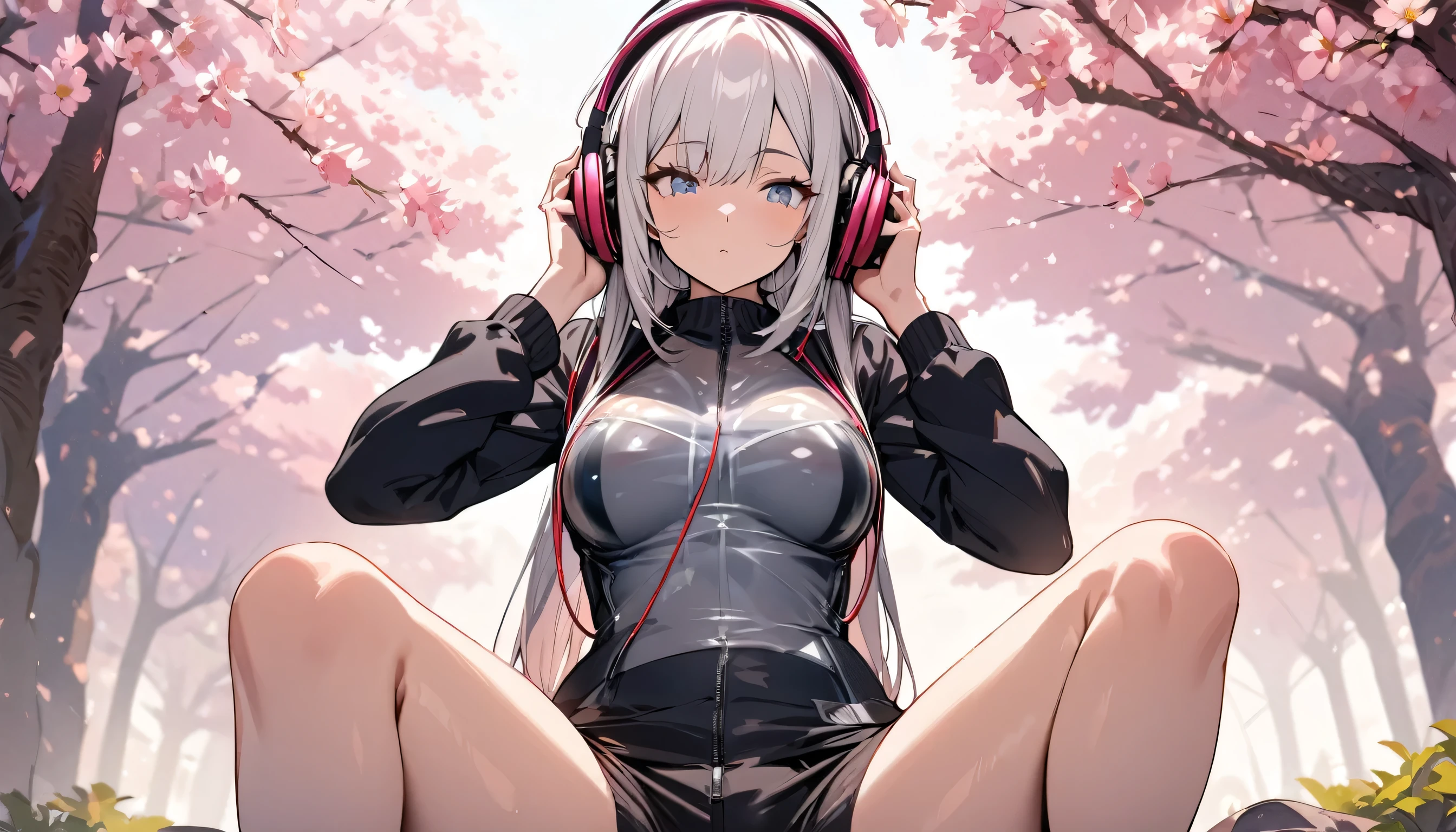 ((best quality)), ((masterpiece)), (detailed), perfect face, sitting under the cherry blossom tree, listening to music, One woman, wearing headphones, wearing underwear, underwear is transparent, sitting with legs apart, Wear tight clothes