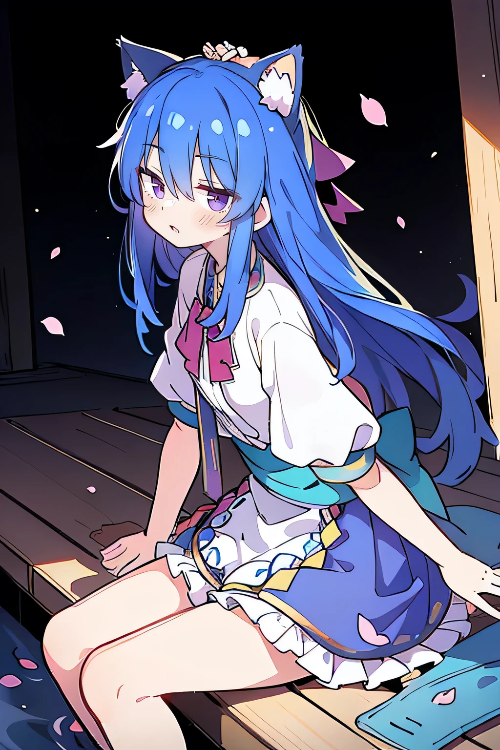 (masterpiece:1.2),ultra-detailed,realistic,expressive eyes,fair-skinned,perfectly shaped face,1girl,
Japanese cartoons,Gorgeous blue hair, flowing blue hair,floating clothes,cat ears,petals falling,beautiful Lola,Hina Angel,
hands on waist,gracefully sitting on the ground,legs crossed,gentle and serene background,cool and comfortable pavilion,shy face ,night .