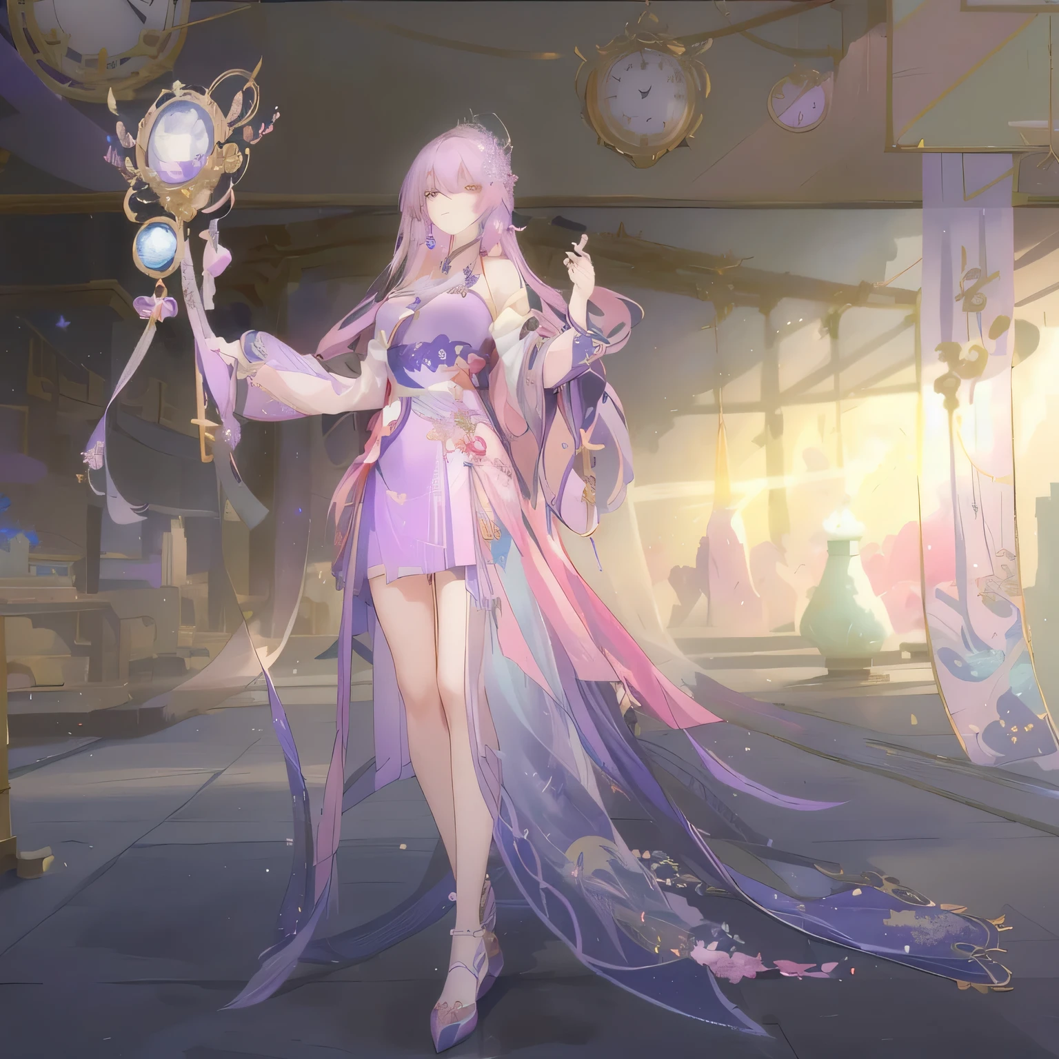 Anime style image,A woman in a purple dress,Holding a clock in hand, full body xianxia, beautiful fantasy queen, Beautiful Celestial Mage, heise jinyao, Moon themed clothing, Kushat Krenz Key Art Women, Luluya Workshop, yun ling, A complete portrait of an elementalist, ((beautiful fantasy queen)), Inspired by Pu Hua