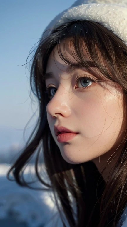 (best quality,4K,high resolution,masterpiece:1.4),Super detailed,Very detailed,sharp focus,Surreal:1.4,professional,HD images,bright colors,Bokeh,Beautiful and delicate eyes,Beautiful and delicate lips,long eyelashes,Romantic atmosphere,soft light,Contrast light and shadow,Lighting effects,high nose bridge,high nose,Yamane,young,Lively,contrast of light and shadow,aurora,Chubby cheeks,charming,graceful curves,The expression is cold,blond,full,The background is clear,night,Arctic,1 girl,view from long distance,Snow background,Wear a cotton hat,Cotton clothing,Vision,Upper body,Look from afar,Half of the face