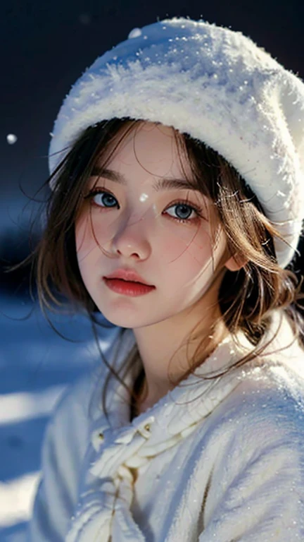 (best quality,4K,high resolution,masterpiece:1.4),Super detailed,Very detailed,sharp focus,Surreal:1.4,professional,HD images,bright colors,Bokeh,Beautiful and delicate eyes,Beautiful and delicate lips,long eyelashes,Romantic atmosphere,soft light,Contrast light and shadow,Lighting effects,high nose bridge,high nose，Yamane，young,Lively，contrast of light and shadow，aurora，Chubby cheeks,charming,graceful curves，The expression is cold，blond，full，The background is clear，night，Arctic，1 girl，view from long distance，Snow background，Wear a cotton hat，Cotton clothing，Vision，Upper body，Look from afar，Half of the face