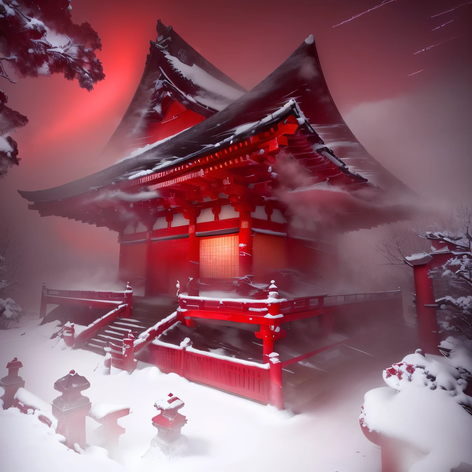 A picture of a red tower in the snow, cyberpunk Japanese temple, Japanese temple, Japanese temples, Japonism 3d 8k ultra detailed, inspired by Torii Kiyomitsu, ancient Japanese architecture, Japan. Volumetric lighting, inspired by Kanō Naizen, Zen temple background, Inspired by Torii Kiyomasu