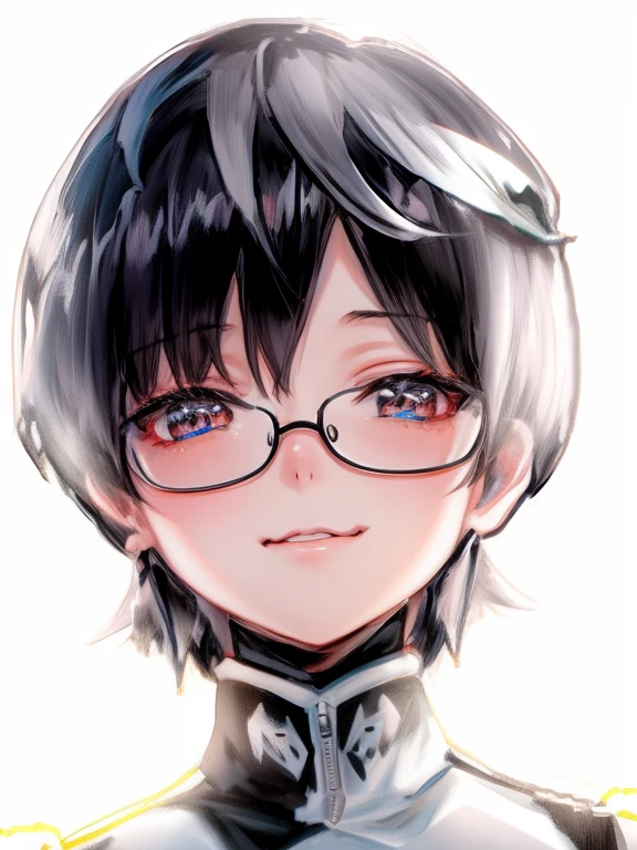 a close up of a girl with a black hair and white drooping wearing a white hoodie, anime style, closeup picture, sprite 2 d, anime vtuber closeup model, full head, upper half body , bulp , :3 ,tomboy ,glasses .flat face