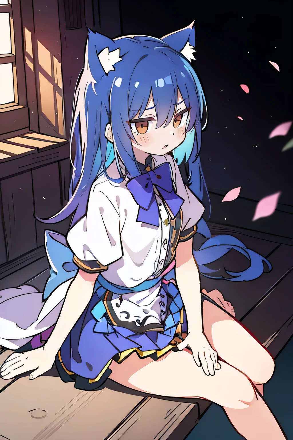 (masterpiece:1.2),ultra-detailed,realistic,expressive eyes,fair-skinned,perfectly shaped face,1girl,
Japanese cartoons,Gorgeous blue hair, flowing blue hair,floating clothes,cat ears,petals falling,beautiful Lola,Hina Angel,
hands on waist,gracefully sitting on the ground,legs crossed,gentle and serene background,cool and comfortable pavilion,shy face ,night .