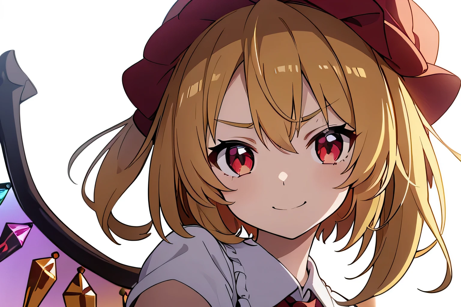 Anime Style、highest quality, One Girl, alone, (Flandre Scarlett staring at camera)、From the upper body、Beautiful Face、smile、((Short sleeve))、、Childish、dress style shirt、standing、Illuminate、Serious face、Pure white background