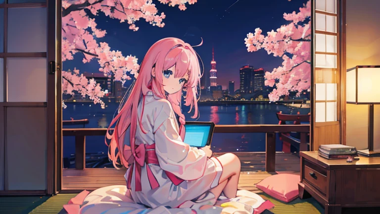 Anime images of Japan1People Girl、 blue eyes、 Pink long hair、 looking at laptop in room、 meditation、 Out of the window、 Tokyo cityscape、 night view、 cherry blossoms、 Size is 16:9 please