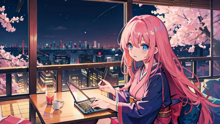 Anime images of Japan1People Girl、 blue eyes、 Pink long hair、 looking at laptop in room、 meditation、 Out of the window、 Tokyo cityscape、 night view、 cherry blossoms、 Size is 16:9 please